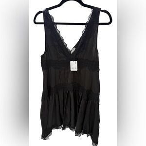 Free People New Tags Silk Black mini Asymmetrical Dress with Lace Trim S 2/4